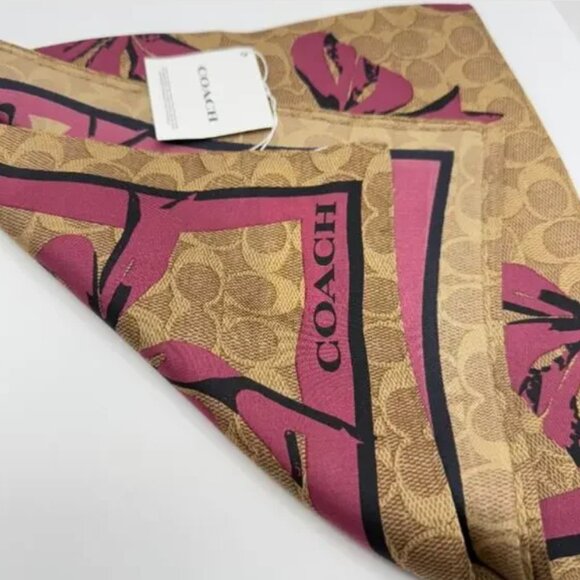 Coach Signature Bow Print Silk Bandana CZ527 Tan/Pink - Picture 5 of 5